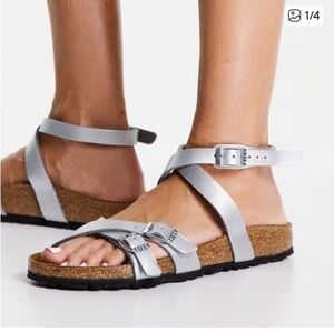 Birkenstock Silver Strappy Cork Footbed Sandals wrap leather gladiator